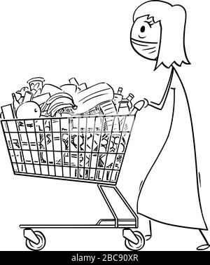 Vector Cartoon Stick Figur Zeichnung konzeptionelle Illustration von Frau mit Gesichtsmaske Druck Warenkorb mit Lebensmitteln aus Lebensmittelgeschäft oder Supermarkt. Coronavirus COVID-19 epidemisches Konzept. Stock Vektor