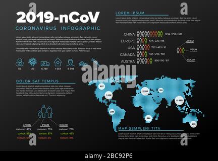 Infografievorlage für Vektor-Flyer mit Coronavirus-Statistiken und Ort für Ihre Informationen - schwarz-blaue Version Stock Vektor