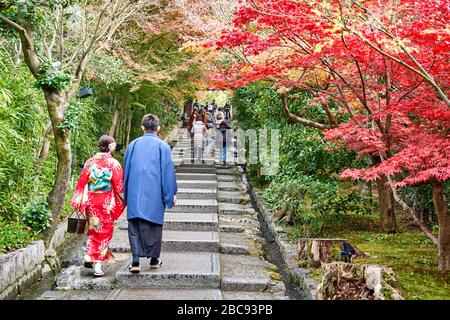 Ein schönes Paar im Kimono, das im Herbst in Kyoto spazieren geht Stockfoto