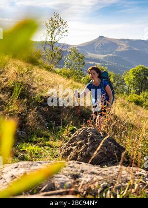 Trekking in den Kantalen, Vulkanbergen in Frankreich. Aufstieg auf der GR 400 vom Dorf Le Falgoux in Richtung Rocher de l'Aygue, im Hintergrund Stockfoto