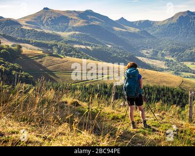 Trekking in den Kantalen, Vulkanbergen in Frankreich. Aufstieg auf der GR 400 vom Dorf Le Falgoux in Richtung Rocher de l'Aygue, im Hintergrund Stockfoto