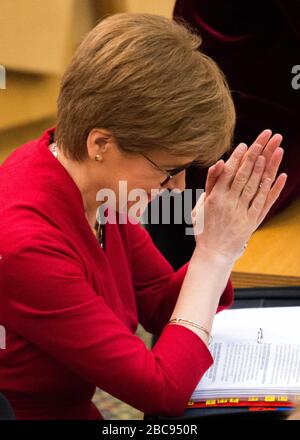 Edinburgh, Großbritannien. Februar 2020. Abgebildet: Nicola Sturgeon MSP - erster Minister von Schottland und Führer der Scottish National Party. Szenen aus ersten Ministerfragen im schottischen Parlament in Holyrood, Edinburgh. Kredit: Colin Fisher/Alamy Live News Stockfoto