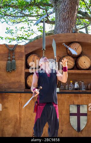 Aaron Bonk jongliert mit Schwertern auf dem Camelot Days Medieval Festival - Topeekeegee Yugsee (TY) Park, Hollywood, Florida, USA Stockfoto