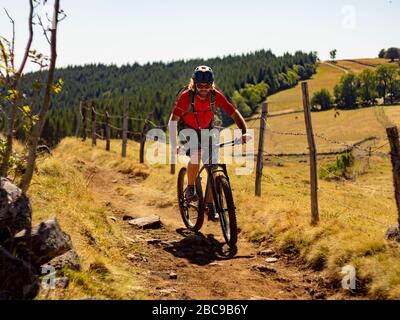 Mountainbikers auf dem Einzelweg GR 400 bei Puy Gros, Abfahrt über die Bergweide in Richtung Thièzac an der alten Römerstraße. Ancienne Voie Romaine. Mo Stockfoto