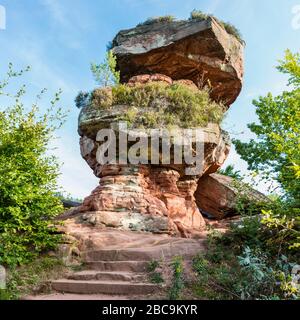 Teufelstisch bei Hinterweidenthal im Wasgau, Pfälzer Hochland, Naturwunder aus Buntsandstein, durch Erosion entstanden, Nordseite Stockfoto