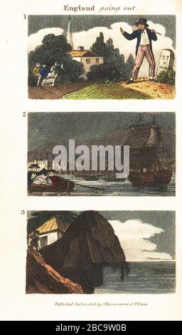 Szenen in England, Regency-Ära. Englischer Segler, der von zu Hause aus für die Handelsmarine 1 aufgeht, Blick auf Schiffe auf der Themse in London 2, Blick auf John o' Groats in Schottland 3. Handfarbige Kupferstichgravur aus den Szenen von Rev. Isaac Taylor in Europa, für die Unterhaltung und Anweisung von Little Tarry-at-Home Travelers, John Harris, London, um das Jahr 1819. Stockfoto