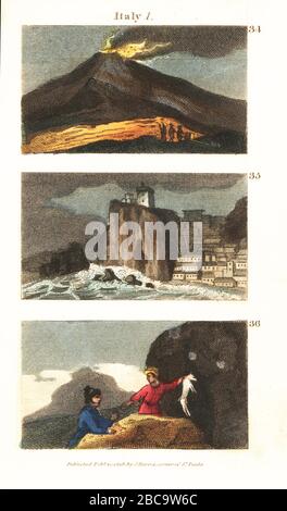 Historische Ansichten von Italien. Der vulkanische Ätna auf Sizilien 34, die Felsen von Scylla und der Whirlpool Charybdis 35 und Italiener schieben einen Hund in das giftige Gas in der Höhle der Hunde (Grotte del Cani) bei Neapel 36. Handfarbige Kupferstichgravur aus den Szenen von Rev. Isaac Taylor in Europa, für die Unterhaltung und Anweisung von Little Tarry-at-Home Travelers, John Harris, London, um das Jahr 1819. Stockfoto