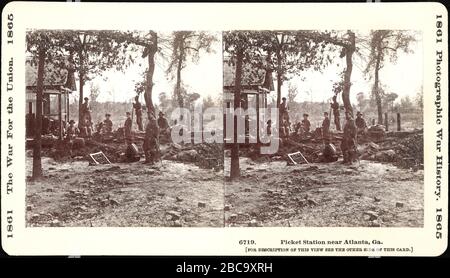 Picket Station, Unionssoldaten bei Guard Post in der Nähe von Atlanta, Georgia, wenige Tage vor der Schlacht vom 22. Juli 1864, Stereo-Karte, Foto von George N. Barnard Stockfoto
