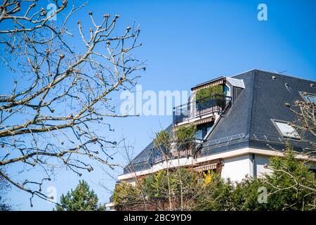 Schönes Luxus-Apartment-Immobiliengebäude mit mehreren kleinen Bäumen auf den Balkonen Stockfoto