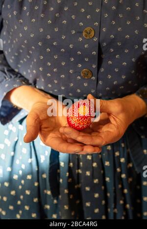 Eine Frau hält ein sorbisches Osterei in der Hand. Sie war mit der Wachsbatik verziert. Stockfoto