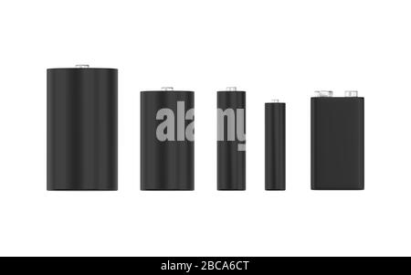 Batterien auf weißem Hintergrund isoliert. Unterschiedliche Größen und Formen. 3D-Abbildung. Stockfoto