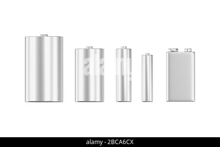 Batterien auf weißem Hintergrund isoliert. Unterschiedliche Größen und Formen. 3D-Abbildung. Stockfoto