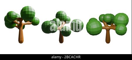 Isolierter Tiefpolygonbaum auf weißem Hintergrund mit Beschneidungspfad, 3D-Rendering Stockfoto