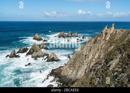 Spanien, Nordküste, Galicien, Acantilados de Loiba, "El banco más bonito del mundo" (schönste Bank der Welt) Stockfoto