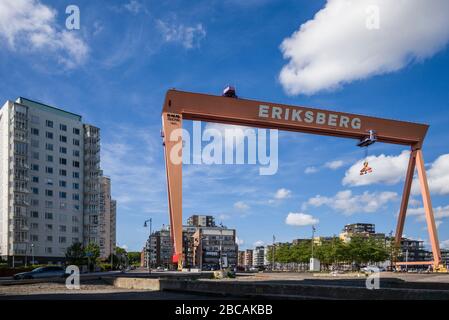 Schweden, Vastragotland und Bohuslan, Gothenburg, Werftkran, Skyline der Stadt Stockfoto