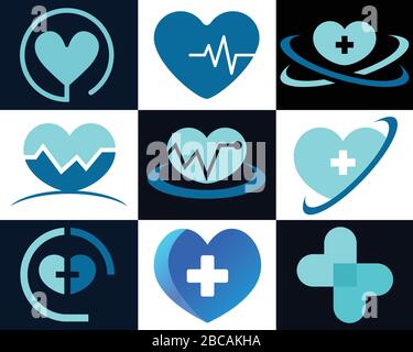 Design des Logos für die medizinische Gesundheit. Vector Health Care Design, medizinische Symbole und Zeichen. Designvorlage für medizinische Minimalembleme in der Herzpflege. Stock Vektor