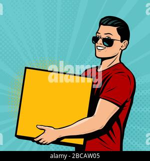 Mann mit Kiste in den Händen. Vektorgrafiken aus retro-Comic-Pop-Art Stock Vektor