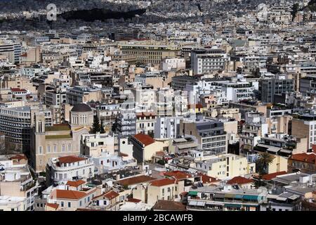 Athen, Griechenland, Teilansicht der Stadt vom Akropolis-Hügel Stockfoto