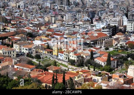 Athen, Griechenland, Teilansicht der Stadt vom Akropolis-Hügel Stockfoto