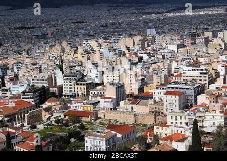 Athen, Griechenland, Teilansicht der Stadt vom Akropolis-Hügel Stockfoto