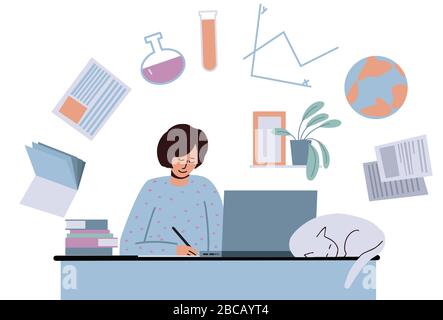 Online-Schulung für Studenten. Die Mädchen Highschool studiert zu Hause am Computer und macht Hausaufgaben. Um Symbole der Wissenschaft. Mathematik, Geographie, Chemie, Literatur. Vektor-Illustration flaches Design Stock Vektor