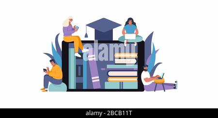 E-Learning-Bildungskonzept flache Vektorgrafiken. Personen, die auf Wissen und Online-Bibliothek zugreifen. Online-Schulungen und Buchzugriff. Bleiben Sie zu Hause Stock Vektor