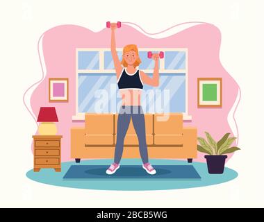 Frau hebt Hanteln im Haus Stock Vektor