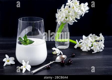 Hausgemachter Joghurt in einem hohen Glas auf dunklem Hintergrund. Garniert mit Minze und Preiselbeeren. Gesunde Ernährung. Vegetarisches Essen. Kopierbereich Stockfoto