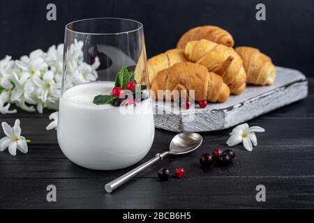 Hausgemachter Joghurt in einem hohen Glas auf dunklem Hintergrund. Garniert mit Minze und Preiselbeeren. Gesunde Ernährung. Vegetarisches Essen. Kopierbereich Stockfoto