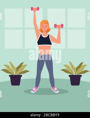 Frau hebt Hanteln im Haus Stock Vektor