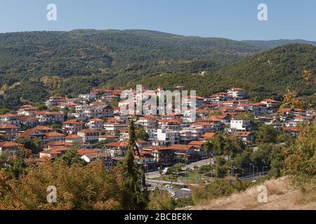 Blick auf die Dörfer und die Küste von der Burg Platamon, Pieria, Mazedonien, Griechenland Stockfoto