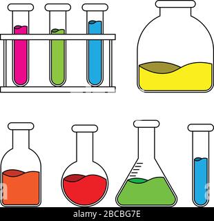 Ein Satz Kolben für chemische und medizinische Laboruntersuchungen. Stockfoto