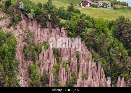 Blick auf die Erdpyramiden, Piramidi di terra in Ritten, Bozner alpen, Longomoso, Südtirol, Italien Stockfoto