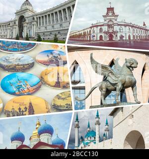 Collage beliebter Touristenattraktionen in Kasan und Moskau. Reisehintergrund. Russland. Stockfoto