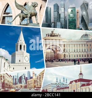 Collage beliebter Touristenattraktionen in Kasan und Moskau. Reisehintergrund. Russland. Stockfoto