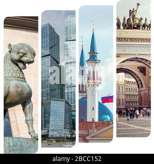 Collage beliebter Touristenattraktionen in Kasan und Moskau. Reisehintergrund. Russland. Stockfoto