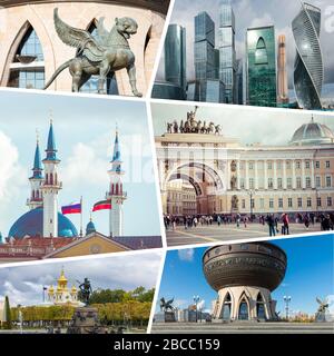 Collage beliebter Touristenattraktionen in Kasan und Moskau. Reisehintergrund. Russland. Stockfoto