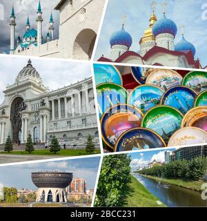 Collage beliebter Touristenattraktionen in Kasan. Reisehintergrund. Russland. Stockfoto