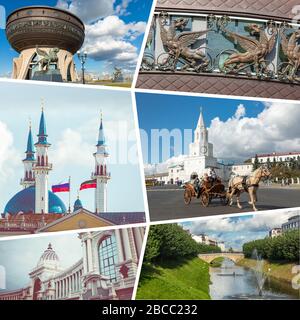 Collage beliebter Touristenattraktionen in Kasan. Reisehintergrund. Russland. Stockfoto