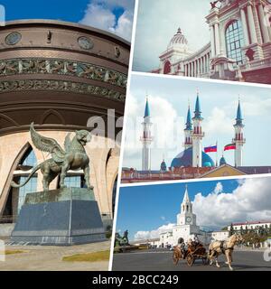 Collage beliebter Touristenattraktionen in Kasan. Reisehintergrund. Russland. Stockfoto