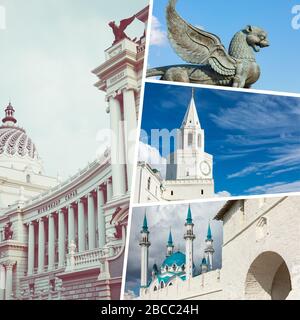 Collage beliebter Touristenattraktionen in Kasan. Reisehintergrund. Russland. Stockfoto