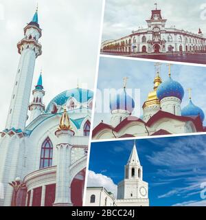 Collage beliebter Touristenattraktionen in Kasan. Reisehintergrund. Russland. Stockfoto