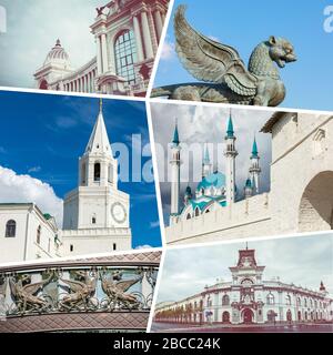 Collage beliebter Touristenattraktionen in Kasan. Reisehintergrund. Russland. Stockfoto