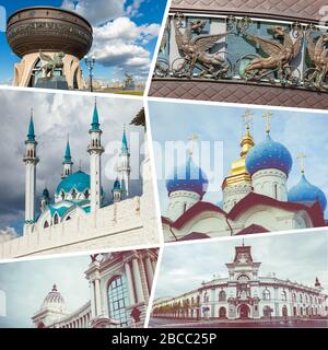 Collage beliebter Touristenattraktionen in Kasan. Reisehintergrund. Russland. Stockfoto