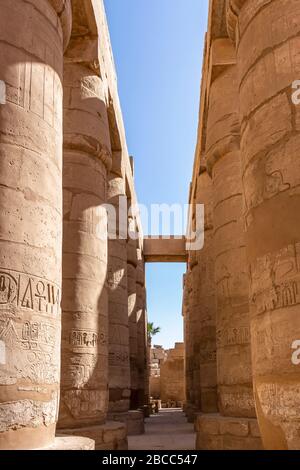 Säulen der großen Hypostyle-Halle, die von Seti I. begonnen und von Ramesses II. Abgeschlossen wurde, die sich im Karnak-Tempel-Komplex befinden Stockfoto