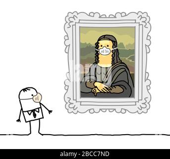 Cartoon-Mann mit einer Maske, die eine berühmte Mona Lisa mit einer Maske beobachtet Stock Vektor