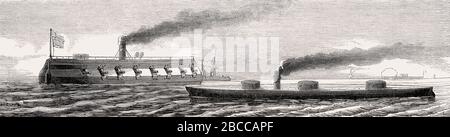 USS Puritan, ein umgedrehter, eisenbeschlagener Monitor, USS New Ironsides, 1850er Jahre Stockfoto