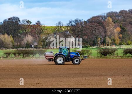 Bauernschlepper, der an einem sonnigen Frühlingstag, East Lothian, Schottland, Großbritannien, Dünger auf einer gesäten Feldfrucht verbreitet Stockfoto