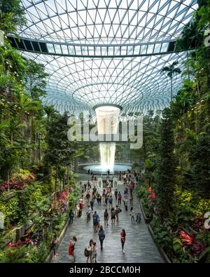 Singapur-30 August 2019: Der Jewel Changi Airport ist ein neues Terminalgebäude unter einer Glaskuppel mit Wasserfall und tropischem Wald, Einkaufszentren a Stockfoto