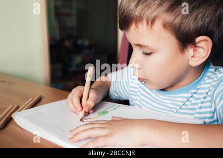 Niedlichen Jungen Zeichnung Bild im Album, Home Bildung Stockfoto